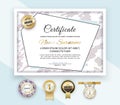 Official white certificate with pogygonal design elements, halftone effect. Business clean modern design. Gold emblem Royalty Free Stock Photo