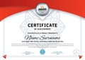 Official white certificate with red design elements, crown, silver emblem. Business clean modern design. Triangle elements