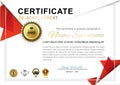 Official white certificate with red triangle design elements, Gold emblems, crown. Business clean modern design Royalty Free Stock Photo