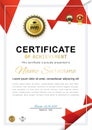 Official white certificate with red triangle design elements, Gold emblems, crown. Business clean modern design Royalty Free Stock Photo