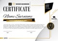 Official white modern certificate with abstract black gold design elements. Black emblem, Royalty Free Stock Photo