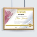 Official white pink certificate with brown realistic border on white wall background. Realistic effect shadow