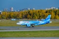 Official Zenit football club Rossiya airlines company airplane preparing for take-off at Pulkovo airport runway