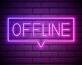 Offline sign. Purple neon icon on brick wall background. Blurred lightening. Illustration