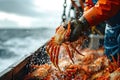 Offloading crabs from the ship. Generative AI Royalty Free Stock Photo