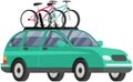 Offroad car with bicycle on roof vector isolated automobile transport. Car tourism concept