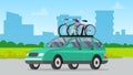 Offroad car with bicycle on roof vector isolated automobile transport. Car tourism concept