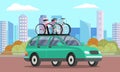 Offroad car with bicycle on roof vector isolated automobile transport. Car tourism concept