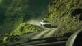 Offroad car on one of the most dangerous road on the world in Georgia. Road to Omalo. Royalty Free Stock Photo