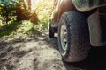 Offroad car 4wd closeup photo of big wheel Royalty Free Stock Photo