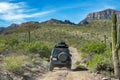 Jeep car in baja california landscape panorama desert road with cortez sea on background Royalty Free Stock Photo