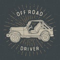 Offroad SUV car, vintage label, Hand drawn sketch, grunge textured retro badge, typography design t-shirt print, vector illustrati Royalty Free Stock Photo