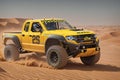 Offroad vehicle in sand dunes in the desert. Yellow rally car with truck wheels, generative ai