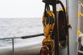 Offshore crane hook is secured for sea passage. Royalty Free Stock Photo