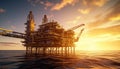 An offshore drilling oil rig in the ocean, under the sunset sky Royalty Free Stock Photo