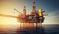 An offshore drilling oil rig in the ocean, under the sunset sky Royalty Free Stock Photo