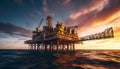 An offshore drilling oil rig in the ocean, under the sunset sky Royalty Free Stock Photo