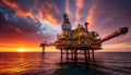 An offshore drilling oil rig in the ocean, under the sunset sky Royalty Free Stock Photo