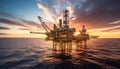 An offshore drilling oil rig in the ocean, under the sunset sky Royalty Free Stock Photo