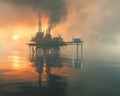 Offshore drilling rig in the sea, captured in stunning orange hues during a dramatic sunset. Royalty Free Stock Photo