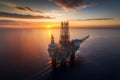 Offshore jack-up rig in the middle of the sea at sunset, capturing the serene beauty of the ocean. Generative AI