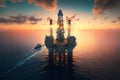 Offshore jack-up rig in the middle of the sea at sunset, capturing the serene beauty of the ocean. Generative AI