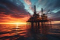 Offshore Jack Up Rig in The Middle of The Sea at Sunset. Generative ai