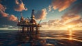 Offshore Jack Up Rig in The Middle of The Sea at Sunset. Generative ai