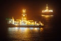 Offshore oil drillship at night Royalty Free Stock Photo