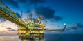 Offshore oil and gas central processing platform in sun set where produced raw gases and treat then sent to onshore refinery. Royalty Free Stock Photo