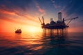 Offshore oil and gas. Oil rig in sea on sunset, Crude Oil production, aerial view. Royalty Free Stock Photo