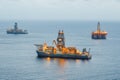 Offshore oil platform and gas drillship with illumination Royalty Free Stock Photo