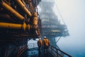 offshore oil production platform conducts routine maintenance and inspections. Misty with calm seas in morning, Generative AI