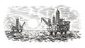 Offshore oil rig engraving style illustration. Sea oil drilling. Vector.