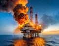 An offshore oil rig engulfed in fierce flames and billowing smoke, set against a calm ocean