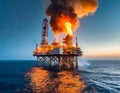 An offshore oil rig engulfed in fierce flames and billowing smoke, set against a calm ocean