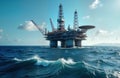 Offshore oil rig extracts fossil fuels in open ocean. Large structure in blue water. Sunny day. Ocean waves crash against large