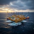 Offshore oil rig situated in the open sea, showcasing a vast array of structures with towering Royalty Free Stock Photo