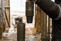 Offshore oil rig worker prepare tool and equipment for perforation oil and gas well at wellhead platform. Making up a Royalty Free Stock Photo