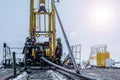 Offshore oil rig worker prepare tool and equipment for perforation oil and gas well at wellhead platform. Making up a drill pipe