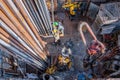 Offshore oil rig worker prepare tool and equipment for perforation oil and gas well at wellhead platform. Making up a drill pipe