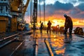 Offshore oil rig workers at sunset with reflective deck and industrial machinery Royalty Free Stock Photo