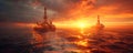 Offshore oil rigs stand against dramatic backdrop of fiery sunset over ocean. Water reflects intense orange of sky