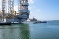 Oil rig for maintenance in the seaport of IJmuiden.