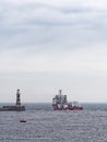 Offshore support and survey vessel Geo Ocean 111 leaves the river Wear at Roker, Sunderland, UK