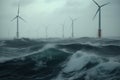 Offshore wind farm in the middle of a stormy north sea. Beautiful gloomy seascape with the wind generators. Sustainable