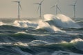 Offshore wind farm in the middle of a stormy north sea. Beautiful gloomy seascape with the wind generators. Sustainable