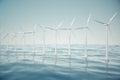 Offshore wind farm turbines caught in sunset sky. Beautiful contrast with the blue sea. ecological concept. 3d rendering Royalty Free Stock Photo