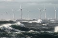 Offshore wind farms in the middle of a stormy northern sea. Beautiful gloomy seascape with the wind generators