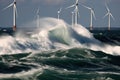 Offshore wind farms next to the deserted wild rocks in the middle of a stormy northern sea. Beautiful gloomy seascape